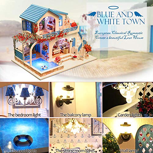 Decdeal Miniatura Súper Mini Tamaño Casa de Muñecas Kits de Modelos de Construcción de Muebles de Madera Juguetes Casa de Muñecas DIY Ciudad Azul y Blanca