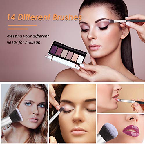 Decdeal Set de Brochas de Maquillaje Profesional de 14 Piezas con Maquillaje de Ojos Rubor Contorno de los Labios Corrector Brochas con Bolsa de Almacenamiento