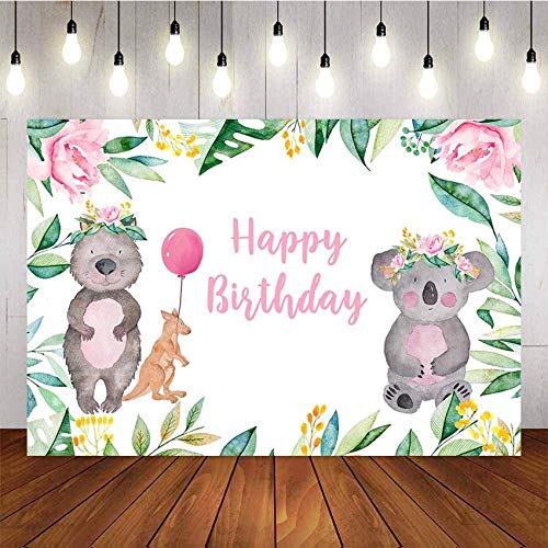 Decoración de Fondo Fiesta de cumpleaños niña Koala Rosa Flor Canguro Globo niño Fotografía de Fondo Photo Booth Backdrop Kids Party Fondo de Suministros Telón de Fondo de Tela Banner de Tel
