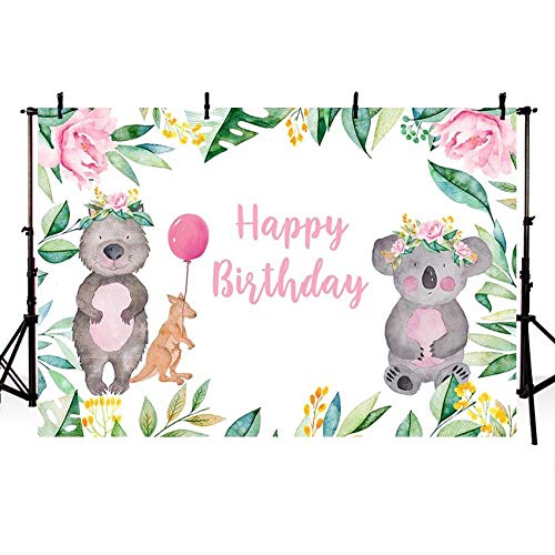 Decoración de Fondo Fiesta de cumpleaños niña Koala Rosa Flor Canguro Globo niño Fotografía de Fondo Photo Booth Backdrop Kids Party Fondo de Suministros Telón de Fondo de Tela Banner de Tel