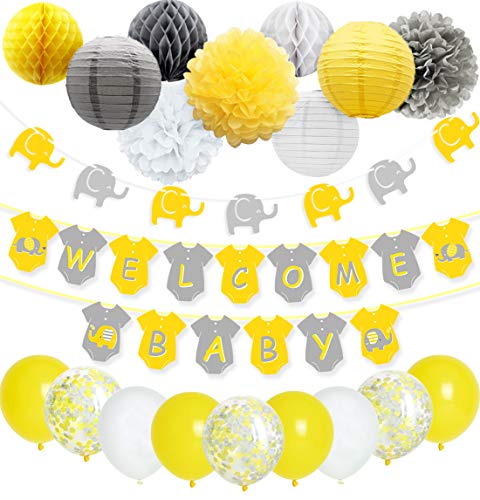 Decoraciones de la ducha del bebé del elefante gris amarillo Neutral para el niño o la niña, Banner de bienvenida del bebé Globos de confeti de la guirnalda del elefante para la decoración neutral