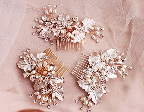 Deniferymakeup, peine de perlas de agua dulce, peine de boda con peine de flores y diamantes de imitación, peine de pelo de hojas doradas, peineta para novia, dama de honor