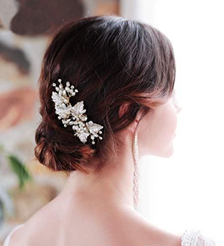 Deniferymakeup, peine de perlas de agua dulce, peine de boda con peine de flores y diamantes de imitación, peine de pelo de hojas doradas, peineta para novia, dama de honor