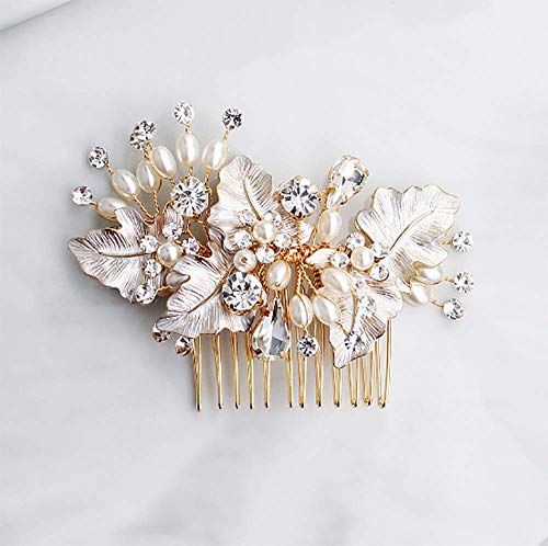Deniferymakeup, peine de perlas de agua dulce, peine de boda con peine de flores y diamantes de imitación, peine de pelo de hojas doradas, peineta para novia, dama de honor