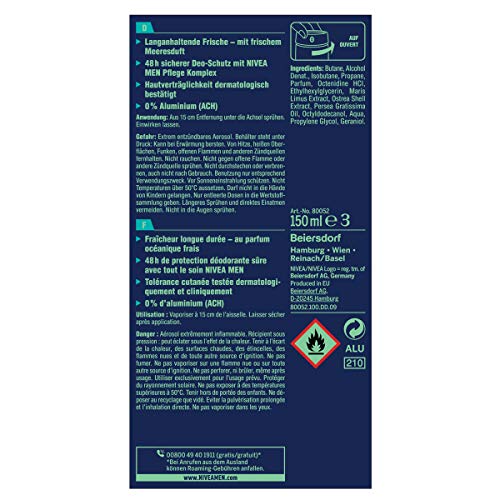Desodorante Nivea Men Fresh Ocean - Desodorante en spray (150 ml), desodorante sin aluminio (ACH) con fórmula refrescante, desodorante con 48 h de protección, cuida la piel
