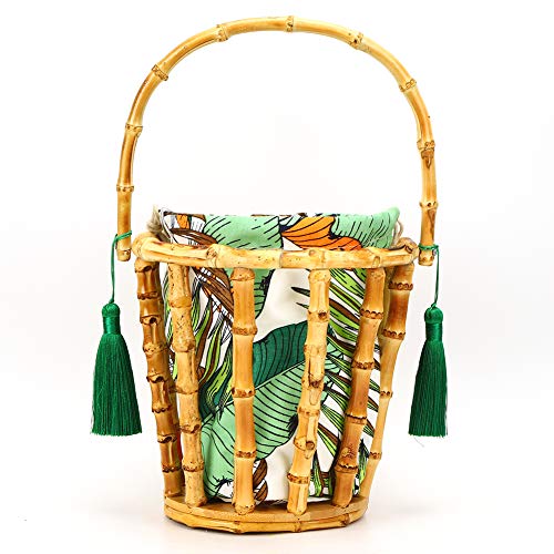 DEWIN Bolso de bambú - Bolso de bambú Borla Hecha a Mano Bolso Tejido de bambú Bolso de Mano Bolso de Cubo Bolso de Playa Hueco para Vacaciones