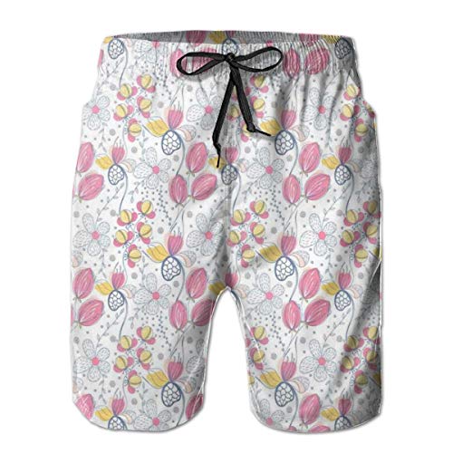 DHNKW Boys Swimming Shorts Funny Printed,Soft Toned Flower Bush Foliage Spring Blooms Natural Beauty Essence Pattern On White,Quick Dry Beach Board Trunks with Mesh Lining,Large