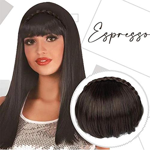 Diadema Secret Bang & Braid Diadema con flecos de pelo sintético con postizo trenzado ， Peluca con diadema de fibra química con flequillo trenzado de doble hebra (Marrón-negro)