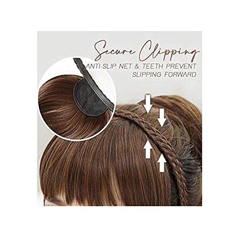 Diadema Secret Bang & Braid Diadema con flecos de pelo sintético con postizo trenzado ， Peluca con diadema de fibra química con flequillo trenzado de doble hebra (Marrón-negro)