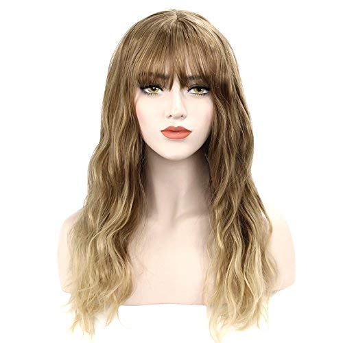 DiscoBall Ombre color largo rizado peluca rubia con flequillo onda natural Pelucas para cosplay cabello sintetico resistente al calor de las fiestas (Ombre rubia)