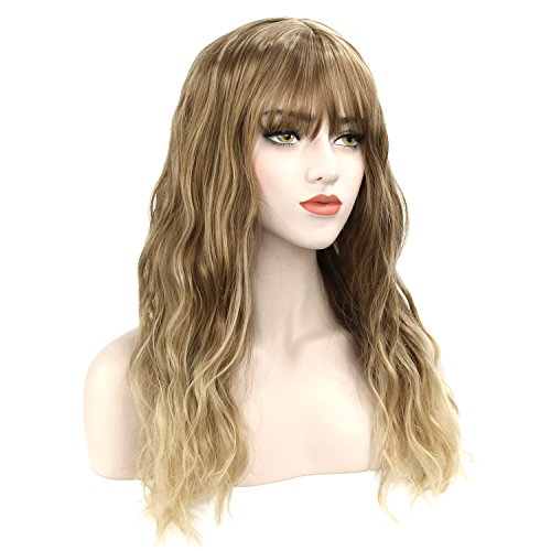 DiscoBall Ombre color largo rizado peluca rubia con flequillo onda natural Pelucas para cosplay cabello sintetico resistente al calor de las fiestas (Ombre rubia)