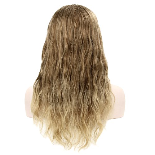 DiscoBall Ombre color largo rizado peluca rubia con flequillo onda natural Pelucas para cosplay cabello sintetico resistente al calor de las fiestas (Ombre rubia)
