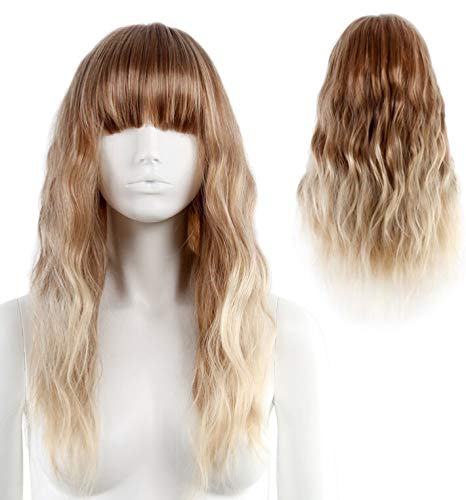 DiscoBall Ombre color largo rizado peluca rubia con flequillo onda natural Pelucas para cosplay cabello sintetico resistente al calor de las fiestas (Ombre rubia)