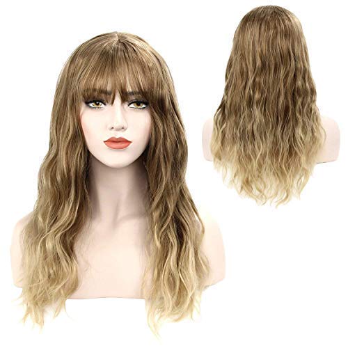 DiscoBall Ombre color largo rizado peluca rubia con flequillo onda natural Pelucas para cosplay cabello sintetico resistente al calor de las fiestas (Ombre rubia)
