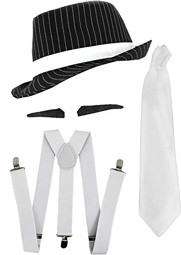 Disfraz de gánster de la mafia de Al Capone de los años 20, juego de accesorios en blanco y negro con sombrero de rayas, cejas, corbata blanca y tirantes blancos