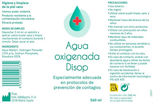 Disop Agua Oxigenada, Peróxido de Hidrógeno al 3%, 360 ml