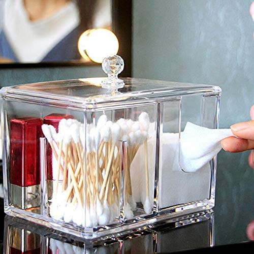 Dispensador de algodones, Práctica caja de almacenaje para bastoncillos o discos desmaquillantes, Esponjas de algodón bolas de Q-Tip con Acrílico titular de maquillaje caja de Organizador,4 divisiones