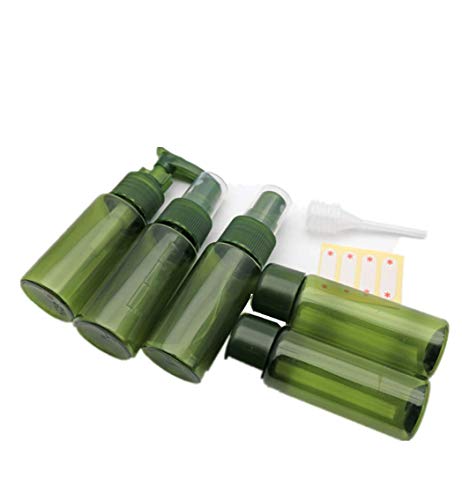 Dispensador de spray Botellas Verde Vacío Fina fina Conjunto de botella de viaje de plástico Pequeños envases de líquido recargables con embudos de 1 piezas y etiquetas de 4 piezas (juego de 6 piezas)