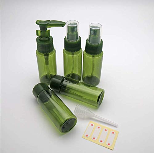 Dispensador de spray Botellas Verde Vacío Fina fina Conjunto de botella de viaje de plástico Pequeños envases de líquido recargables con embudos de 1 piezas y etiquetas de 4 piezas (juego de 6 piezas)