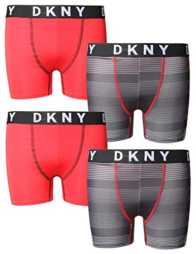 DKNY Boy\'s Active Performance Boxer Brief Underwear, (4 Pack) (Small/7-8, Red/Black)'