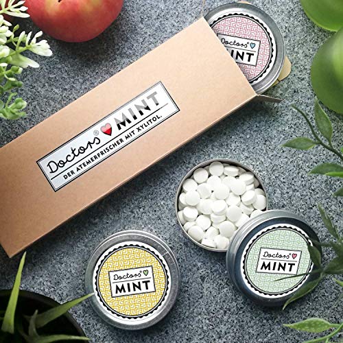 DOCTORS Mint, 3x 70 caramelos de menta sin azúcar, con xilitol, sin aspartamo, aliento fresco donde vaya, caramelos de xilitol en lata retro para píldoras (Classy)