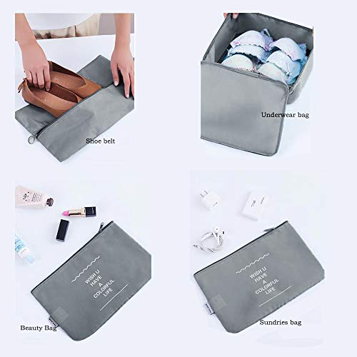 DoGeek Organizador de Equipaje 8 en 1 Set Viaje con Bolsa de Zapato,Impermeable Organizador de Maleta Bolsa para Ropa Sucia de Viaje, Material Nylon (Gris)