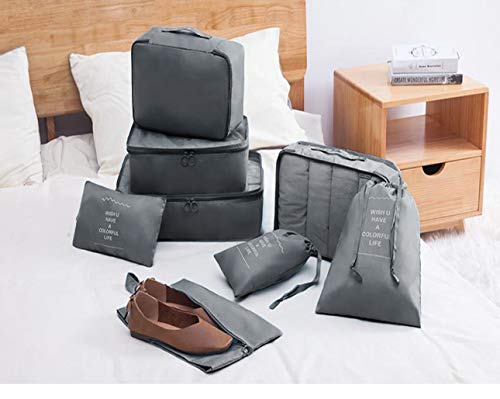 DoGeek Organizador de Equipaje 8 en 1 Set Viaje con Bolsa de Zapato,Impermeable Organizador de Maleta Bolsa para Ropa Sucia de Viaje, Material Nylon (Gris)