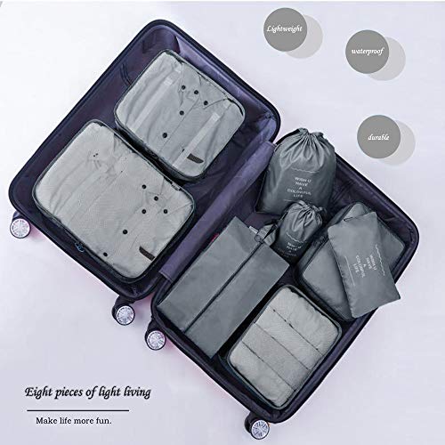 DoGeek Organizador de Equipaje 8 en 1 Set Viaje con Bolsa de Zapato,Impermeable Organizador de Maleta Bolsa para Ropa Sucia de Viaje, Material Nylon (Gris)