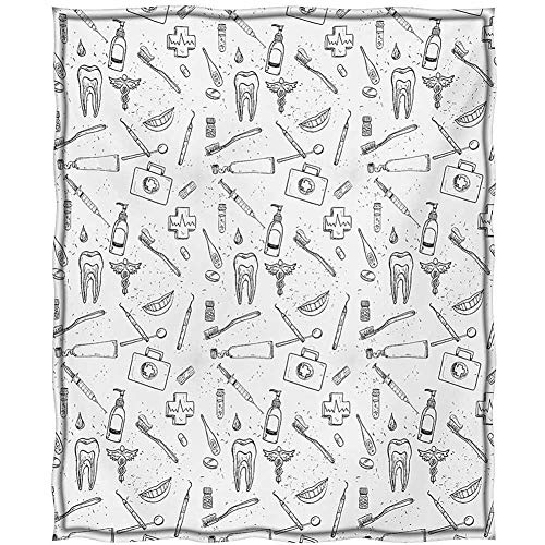 Doodle - Manta para siesta dibujada a mano, diseño médico con tema de higiene dental, limpieza de dientes para bebé, manta de forro polar, tamaño pequeño, 50 x 60 pulgadas, color blanco y negro