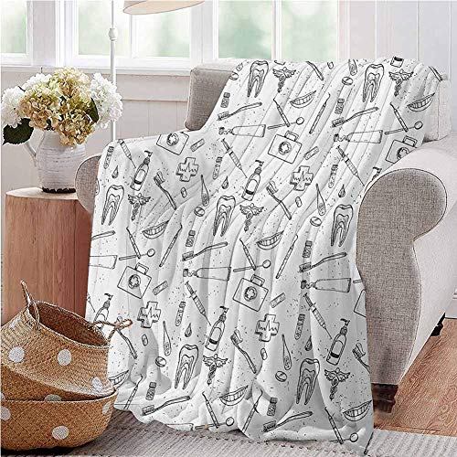 Doodle - Manta para siesta dibujada a mano, diseño médico con tema de higiene dental, limpieza de dientes para bebé, manta de forro polar, tamaño pequeño, 50 x 60 pulgadas, color blanco y negro