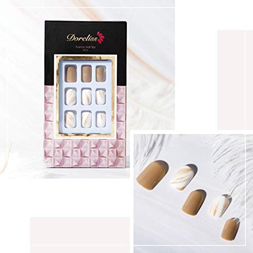 Doreliss Uñas postizas, uñas a presión, 30 piezas de uñas postizas cuadradas brillantes de cubierta completa, uñas reutilizables con cintas de uñas Beige para mujeres y niñas