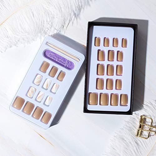 Doreliss Uñas postizas, uñas a presión, 30 piezas de uñas postizas cuadradas brillantes de cubierta completa, uñas reutilizables con cintas de uñas Beige para mujeres y niñas
