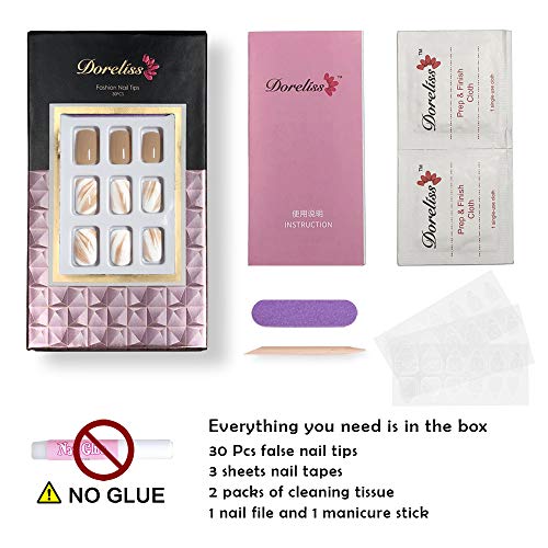 Doreliss Uñas postizas, uñas a presión, 30 piezas de uñas postizas cuadradas brillantes de cubierta completa, uñas reutilizables con cintas de uñas Beige para mujeres y niñas