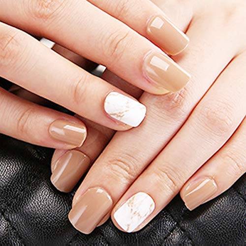 Doreliss Uñas postizas, uñas a presión, 30 piezas de uñas postizas cuadradas brillantes de cubierta completa, uñas reutilizables con cintas de uñas Beige para mujeres y niñas