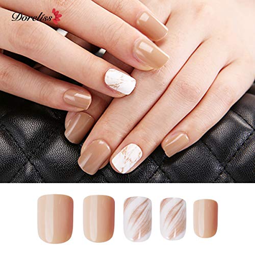 Doreliss Uñas postizas, uñas a presión, 30 piezas de uñas postizas cuadradas brillantes de cubierta completa, uñas reutilizables con cintas de uñas Beige para mujeres y niñas