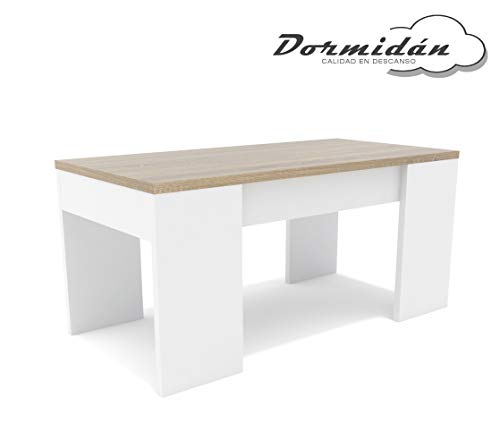 Dormidan- Mesa de Centro elevable, Comedor o Auxiliar, Mayor Grosor y Estabilidad (Blanco Tapa Roble) …