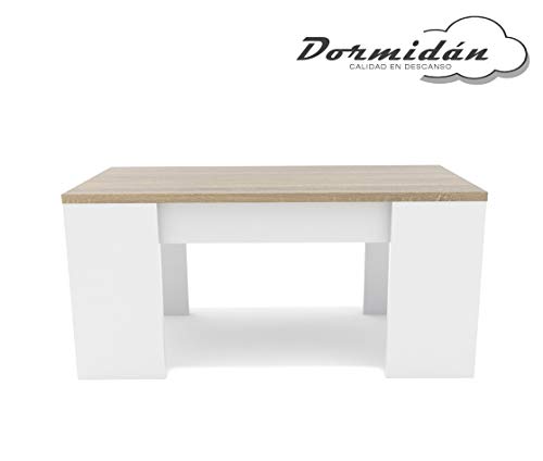 Dormidan- Mesa de Centro elevable, Comedor o Auxiliar, Mayor Grosor y Estabilidad (Blanco Tapa Roble) …
