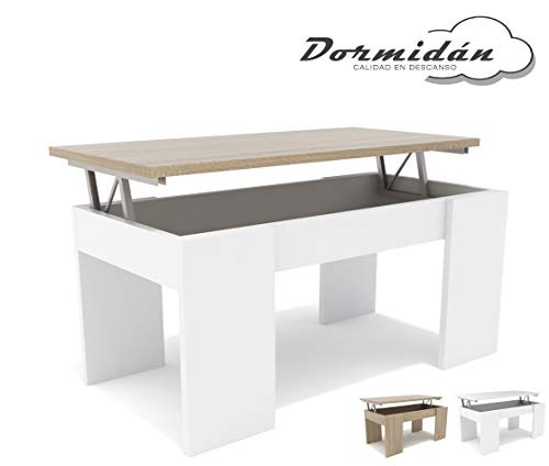Dormidan- Mesa de Centro elevable, Comedor o Auxiliar, Mayor Grosor y Estabilidad (Blanco Tapa Roble) …