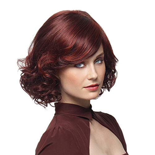 DOUWAN de las Mujeres Ondulado Natural Peluca Vino Tinto Corto Rizado Diario de Cosplay, Pelucas de Onda Corta (Color : Vino Rojo)