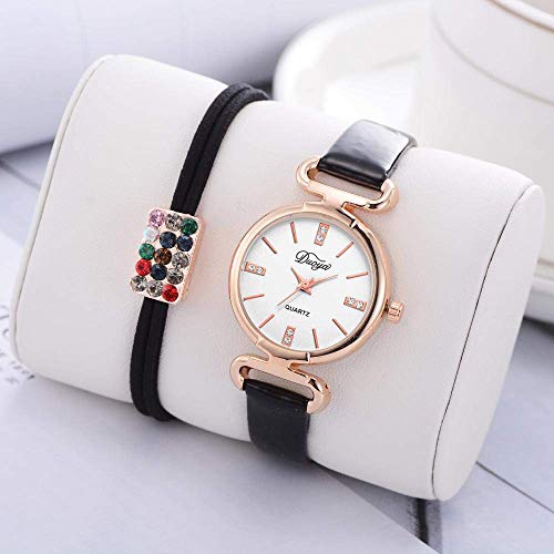 DUOYA - Reloj de moda casual de PU con correa analógica de cuarzo y pulsera redonda para el cabello