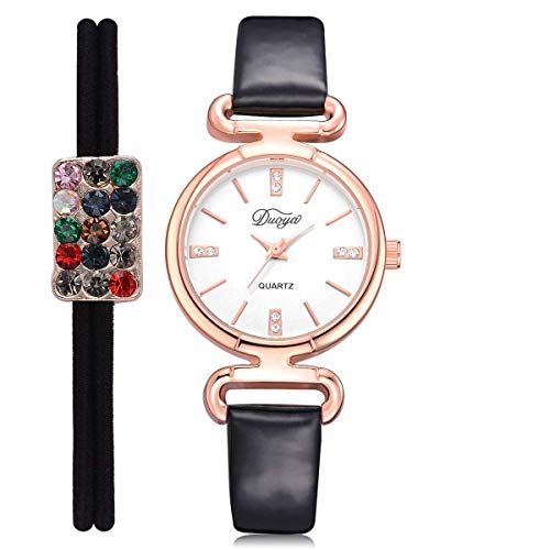 DUOYA - Reloj de moda casual de PU con correa analógica de cuarzo y pulsera redonda para el cabello