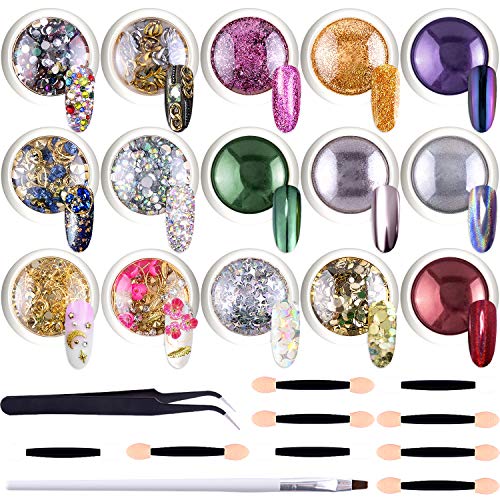 Duufin 15 Cajas Diamantes de Imitacion de Arte de Uñas Polvos para Uñas Efecto Espejo para Decoración de Arte de Uñas