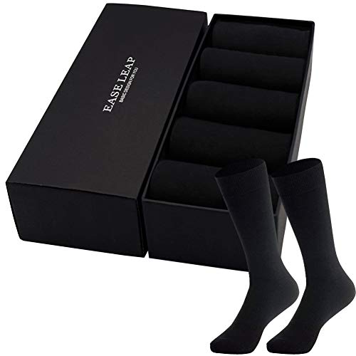 EASE LEAP Calcetines Ejecutivos para Hombre,Largos,Negros,Algodón,Transpirables y Cómodo,Talla40-48(5/10 Pares) con Cajita de Regalo/(Negro Liso 5 Pares)