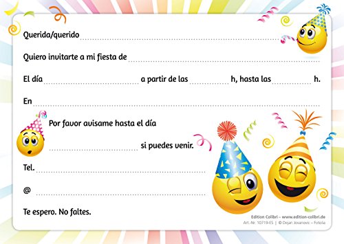 Edition Colibri 10 Invitaciones cumpleaños Infantil en español “EMOTICONOS“: Juego de 10 Invitaciones graciosas Tipo Smiley (10719 ES)