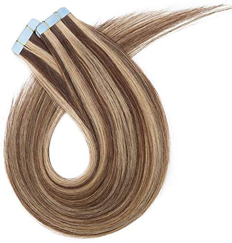 Elailite 20 Piezas Extensiones Adhesivas de Cabello Natural Pelo Humano Mecha Remy Hair - 30 cm #4P27 Marrón Medio Mecha Rubio Oscuro Tape in Hair Extension Lisa - 30g (1.5g/pieza)