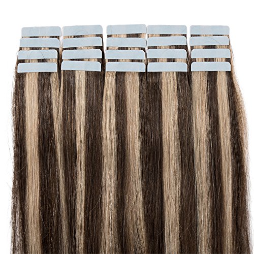 Elailite Extensiones Adhesivas Cabello Natural Pelo Remy Human Hair Humano Tape in Liso - 35 cm #4P27 Marrón Medio Mecha Rubio Oscuro [2g *20 Piezas] 40g