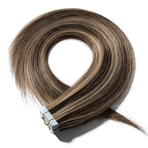 Elailite Extensiones Adhesivas Cabello Natural Pelo Remy Human Hair Humano Tape in Liso - 35 cm #4P27 Marrón Medio Mecha Rubio Oscuro [2g *20 Piezas] 40g