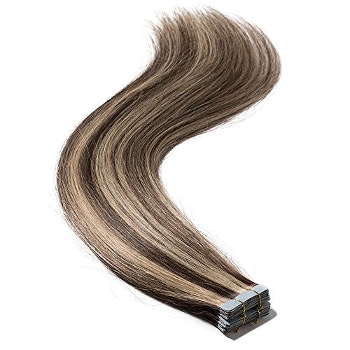 Elailite Extensiones Adhesivas Cabello Natural Pelo Remy Human Hair Humano Tape in Liso - 35 cm #4P27 Marrón Medio Mecha Rubio Oscuro [2g *20 Piezas] 40g
