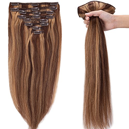 Elailite Extensiones de Clip de Pelo Naturel Remy Cabello - 25 cm 110g #4P27 Marrón Medio Mecha Rubio Oscuro [Max Grueso] 8 Piezas Mecha Humano Human Hair Double Weft