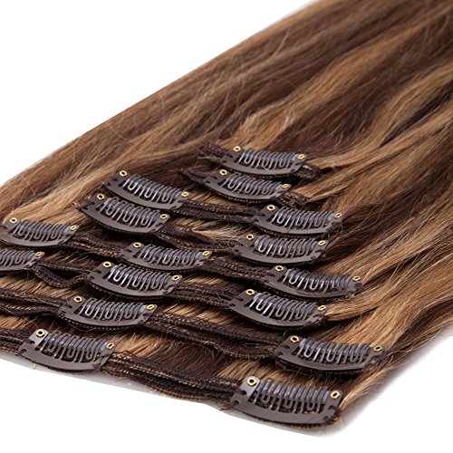 Elailite Extensiones de Clip de Pelo Naturel Remy Cabello - 25 cm 110g #4P27 Marrón Medio Mecha Rubio Oscuro [Max Grueso] 8 Piezas Mecha Humano Human Hair Double Weft